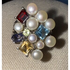 Sterling Silver 925 Ross Simons Cultured Pearl & Multi Gemstone Ring Size 8* VTG